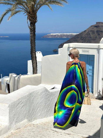 Duga haljina s geometrijskim printom, halterneck dekolte, bez rukava, A-linija, poliester