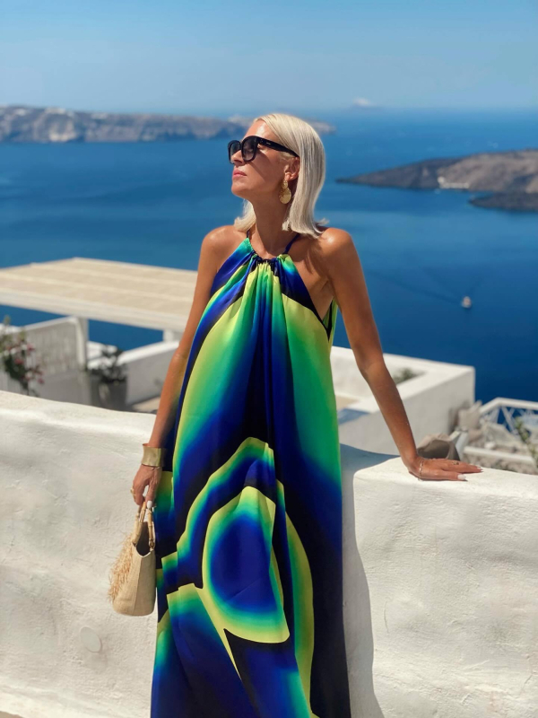 Duga haljina s geometrijskim printom, halterneck dekolte, bez rukava, A-linija, poliester