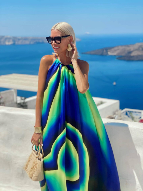 Duga haljina s geometrijskim printom, halterneck dekolte, bez rukava, A-linija, poliester