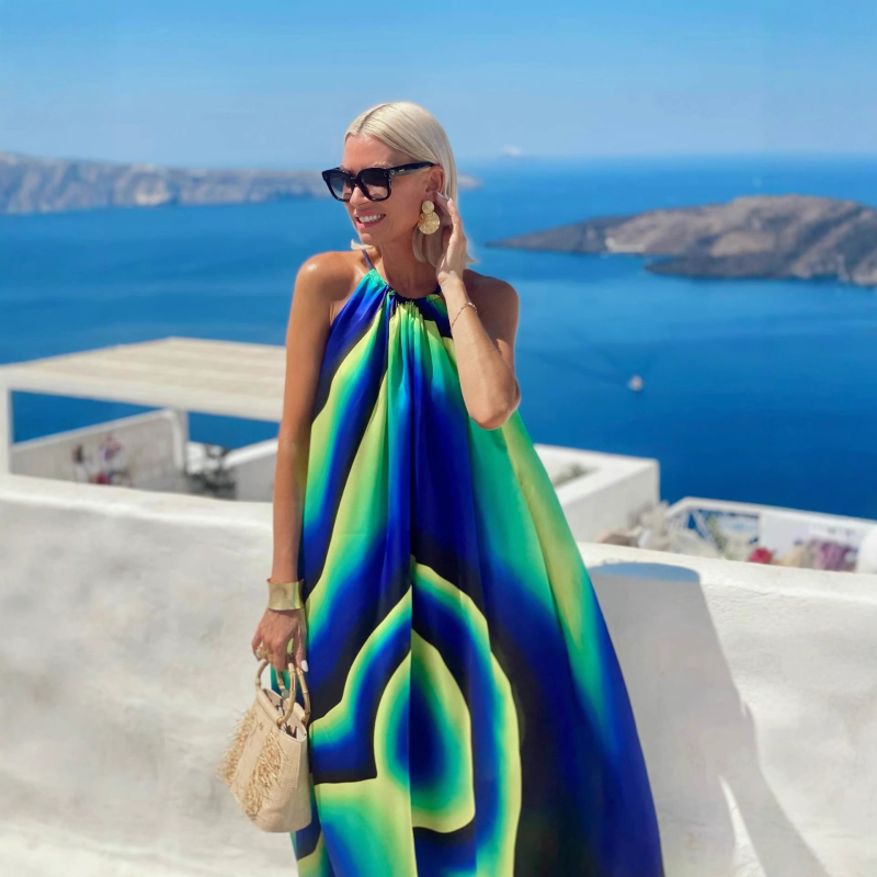 Duga haljina s geometrijskim printom, halterneck dekolte, bez rukava, A-linija, poliester