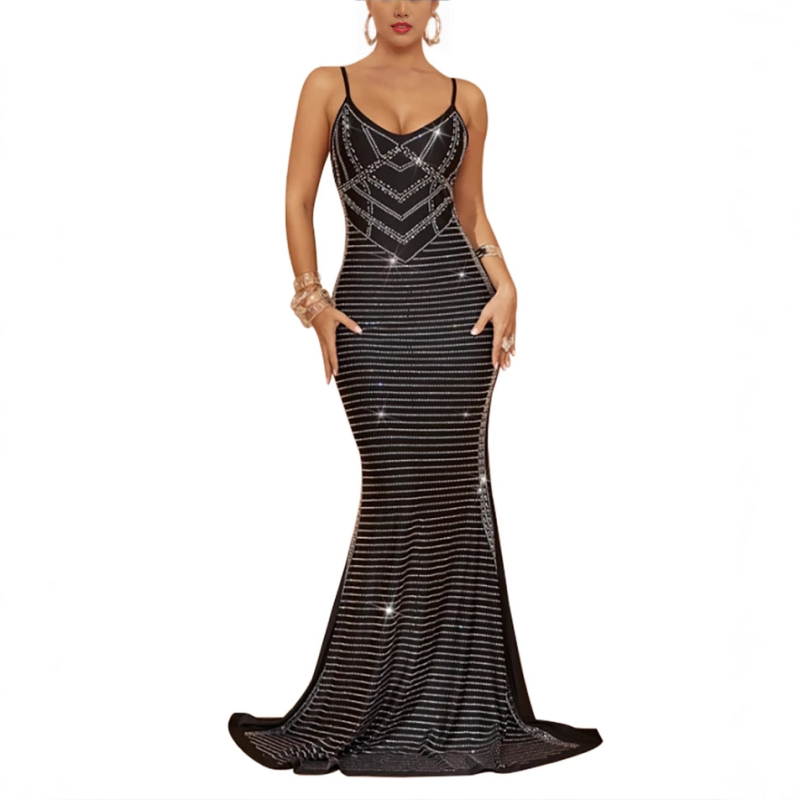 Duga haljina s V izrezom, bez rukava, s remenčićima, Milk Silk, jednobojna, detalji toplim kristalima, 90-95% poliester