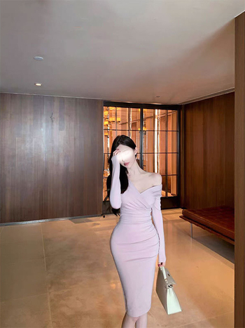 Korejska haljina s križnim V-izrezom, plisirana, dugi rukavi, visokim strukom