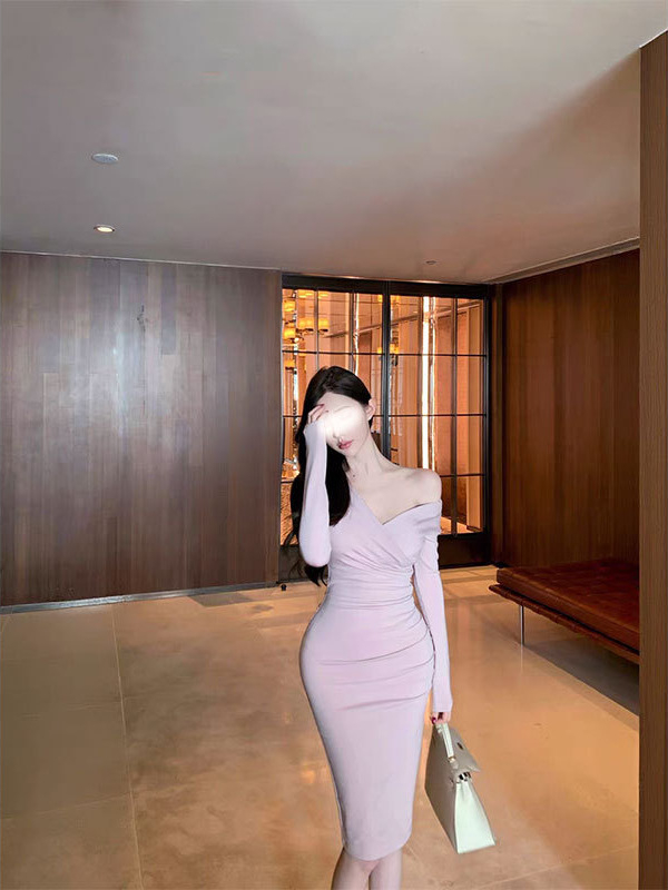 Korejska haljina s križnim V-izrezom, plisirana, dugi rukavi, visokim strukom