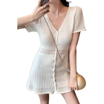 Ženska haljina s prorezima, V-izrez, kratki rukavi, suknja tip vila, poliester
