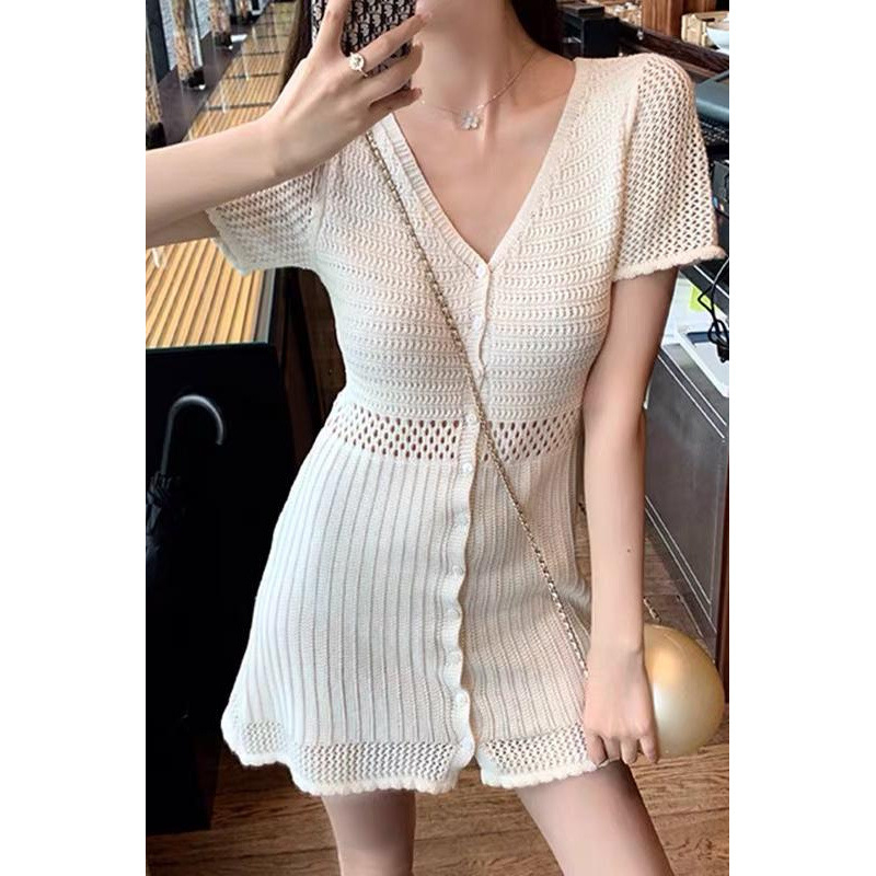 Ženska haljina s prorezima, V-izrez, kratki rukavi, suknja tip vila, poliester