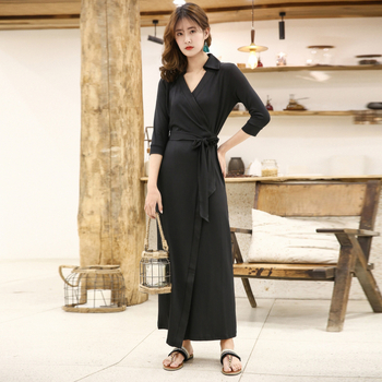 Ženska haljina s wrapom sprijeda, dugačka suknja, 3/4 rukavi, V izrez, visok struk, šniranjem