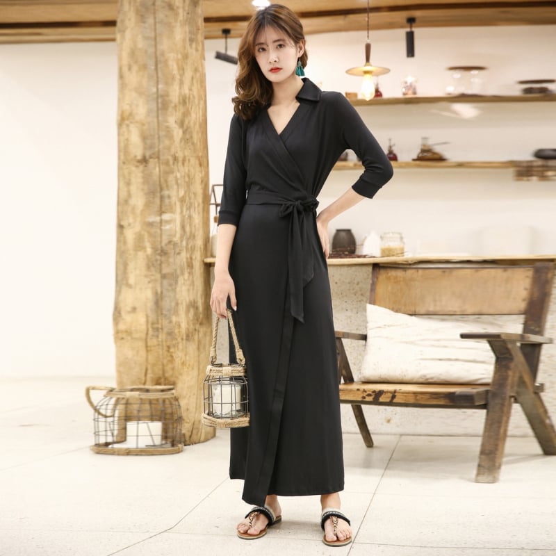 Ženska haljina s wrapom sprijeda, dugačka suknja, 3/4 rukavi, V izrez, visok struk, šniranjem