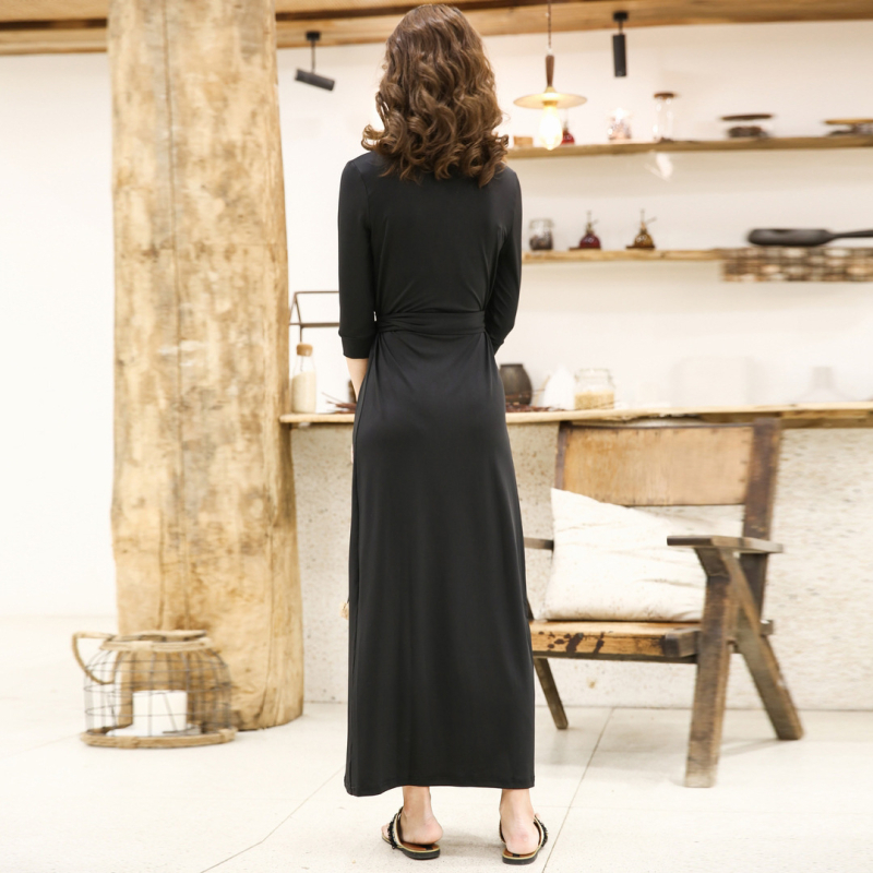 Ženska haljina s wrapom sprijeda, dugačka suknja, 3/4 rukavi, V izrez, visok struk, šniranjem