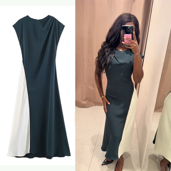 rochie midi patchwork cu guler rotund, mâneci scurte, talie înaltă, glugă, 95% poliester