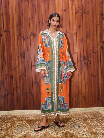 Ženska haljina od pamuka i lana, otisak s 3D učinkom, ovratnik u stilu sakoa, dugi zvonasti rukavi, duga A-linijska silueta, proljeće 2025