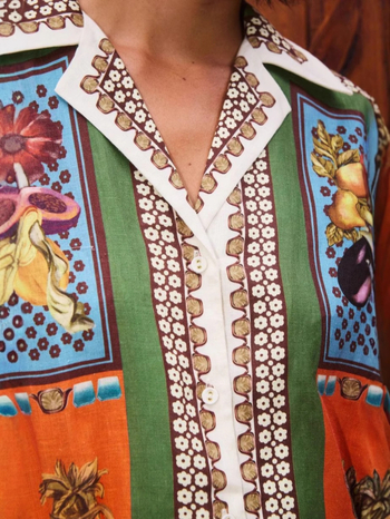 Ženska haljina od pamuka i lana, otisak s 3D učinkom, ovratnik u stilu sakoa, dugi zvonasti rukavi, duga A-linijska silueta, proljeće 2025