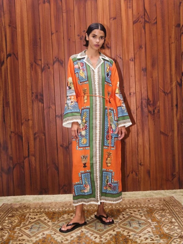 Ženska haljina od pamuka i lana, otisak s 3D učinkom, ovratnik u stilu sakoa, dugi zvonasti rukavi, duga A-linijska silueta, proljeće 2025