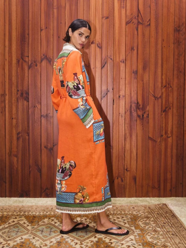 Ženska haljina od pamuka i lana, otisak s 3D učinkom, ovratnik u stilu sakoa, dugi zvonasti rukavi, duga A-linijska silueta, proljeće 2025