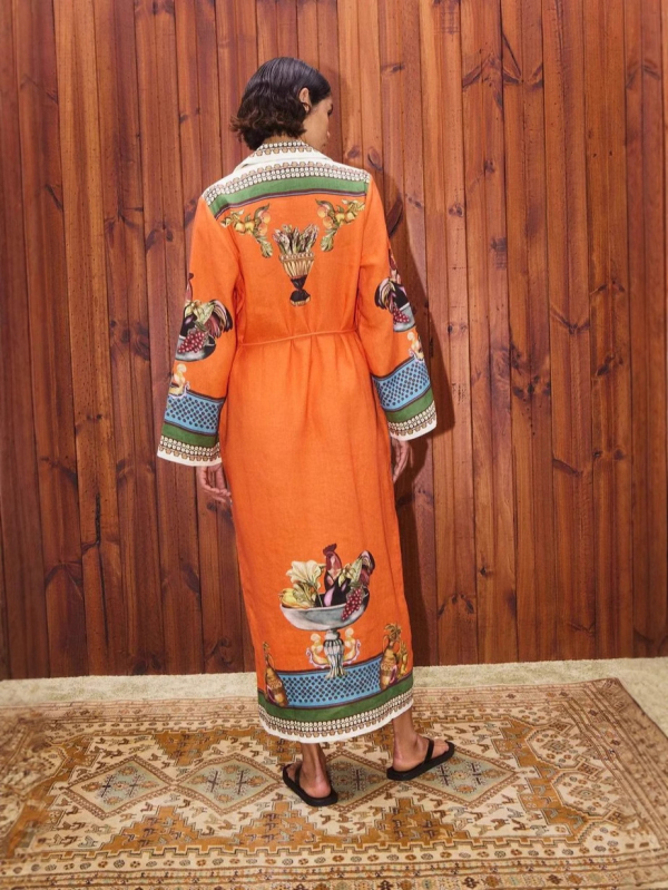 Ženska haljina od pamuka i lana, otisak s 3D učinkom, ovratnik u stilu sakoa, dugi zvonasti rukavi, duga A-linijska silueta, proljeće 2025