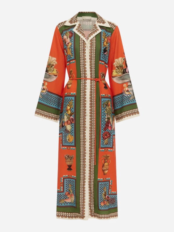 Ženska haljina od pamuka i lana, otisak s 3D učinkom, ovratnik u stilu sakoa, dugi zvonasti rukavi, duga A-linijska silueta, proljeće 2025