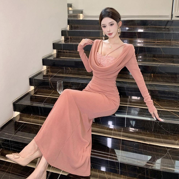 Haljina s jednim ramenom, čipkasti umetci, prilagođen kroj, V-dekolte, elastični poliester