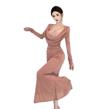 Haljina s jednim ramenom, čipkasti umetci, prilagođen kroj, V-dekolte, elastični poliester