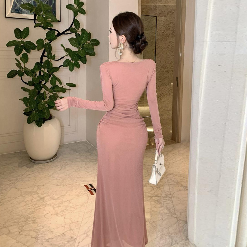 Haljina s jednim ramenom, čipkasti umetci, prilagođen kroj, V-dekolte, elastični poliester