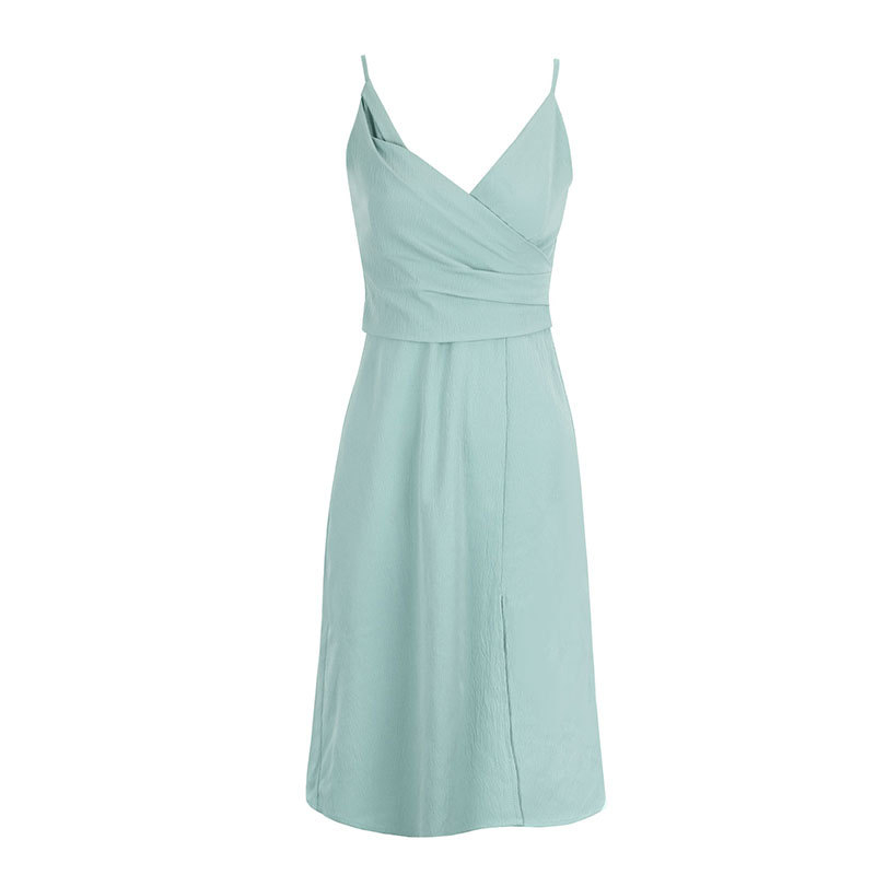 Slip haljina s V izrezom, tanki naramenice, visok struk, midi duljina, poliester-elastan, zatvaranje zipom