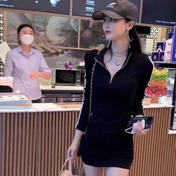 Haljina s blokom boja, zatvaračem, plisirana, dugi rukavi, visokim strukom