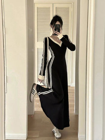 Haljina s V-izrezom, dugi rukavi, color-block uzorak, A-linija maxi haljina, poliester