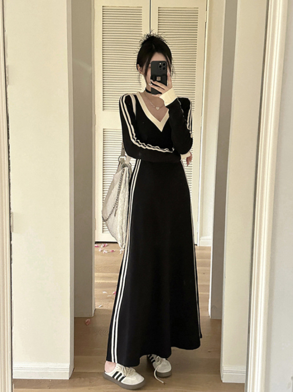 Haljina s V-izrezom, dugi rukavi, color-block uzorak, A-linija maxi haljina, poliester