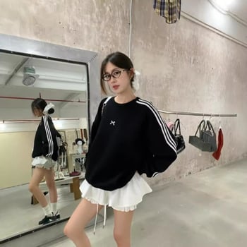 Sweatshirt s tri trake i vezom mašnicom, slobodan kroj, okrugli izrez, dugi rukavi, poliester, korejski ležerni stil, jesen 2024
