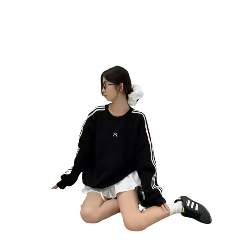 Sweatshirt s tri trake i vezom mašnicom, slobodan kroj, okrugli izrez, dugi rukavi, poliester, korejski ležerni stil, jesen 2024