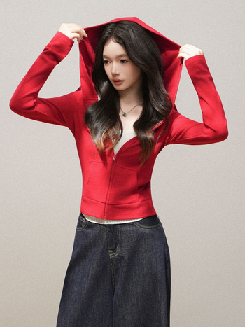 Hanorac damă cu glugă și fermoar, croială Slim, textură periată, stil retro