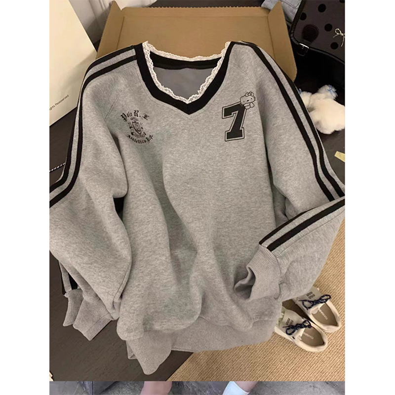Džemper s V-izrezom i čipkom, oversize, jesen-zima, retro američki stil