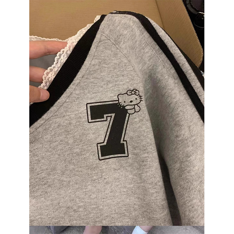 Džemper s V-izrezom i čipkom, oversize, jesen-zima, retro američki stil