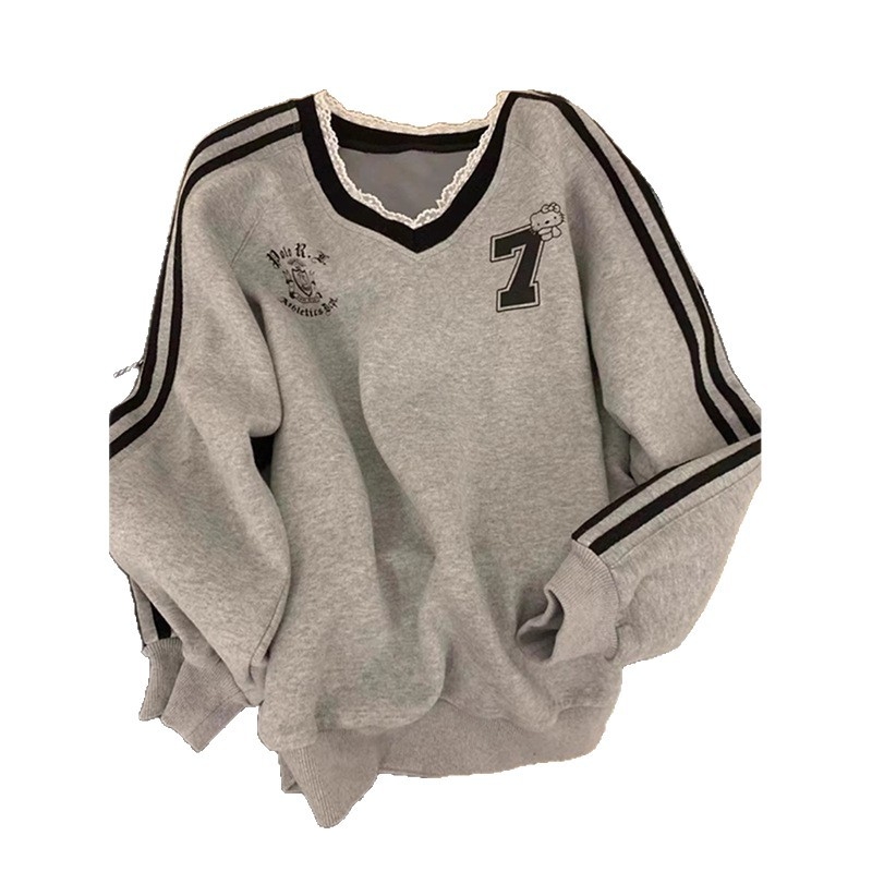 Džemper s V-izrezom i čipkom, oversize, jesen-zima, retro američki stil