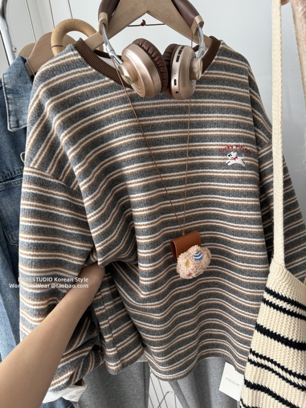 Ženski hoodie s kapuljom od mekanog pliša, vezeni motiv psa i prugasti uzorak, jesen-zima, udoban ležeran kroj