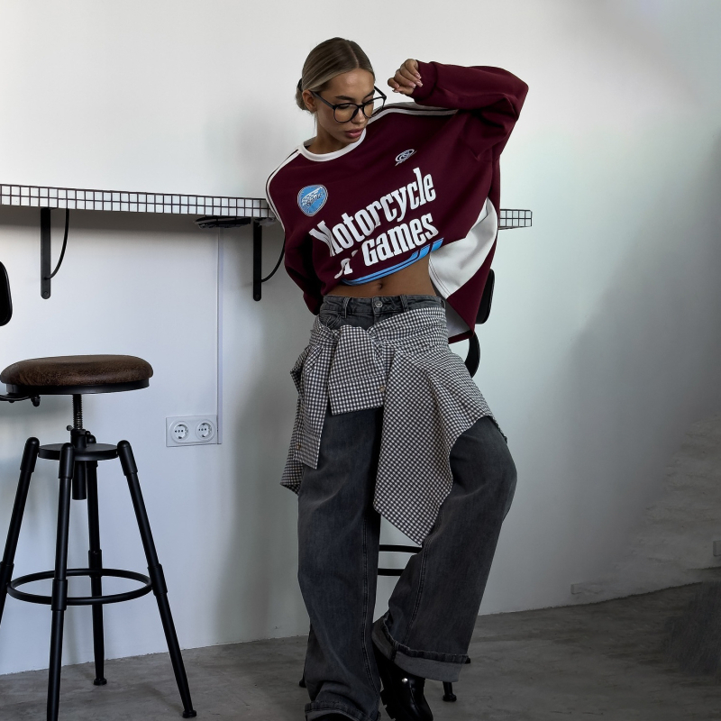 Ženski sweatshirt s tiskom slova, široka silueta, okrugli vrat, mješavina pamuka i poliestera, jesen 2024
