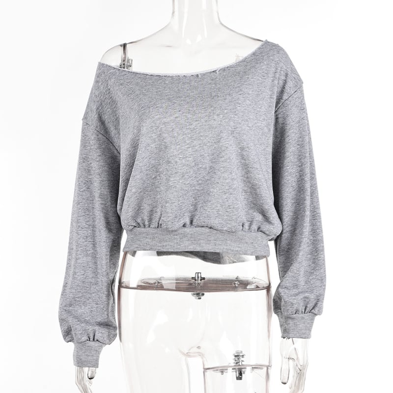 Ženski cropped sweatshirt s otvorenim ramenima, duge rukave, ležernog kroja, gradski stil, pamuk