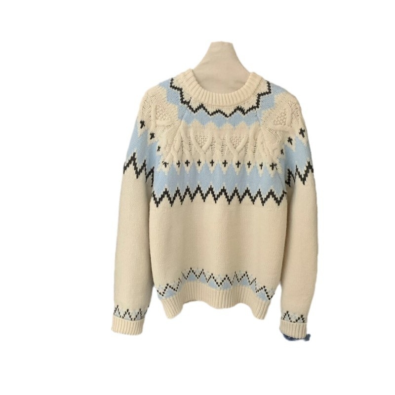 Pulover u korejskom stilu, gusta pletenina od vune, okrugli izrez, udoban kroj, dugi raglan rukavi, kabelasti cvjetni uzorak
