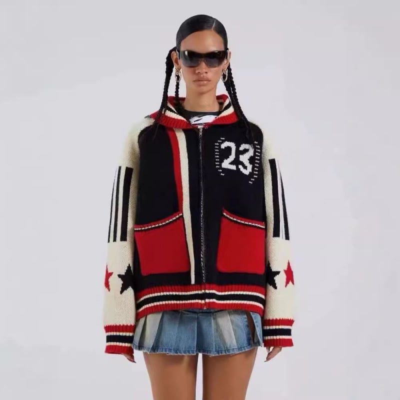 Cardigan s jacquardom petokrakom zvijezdom, američki retro stil, širok kroj, zip, pamuk 50-70%