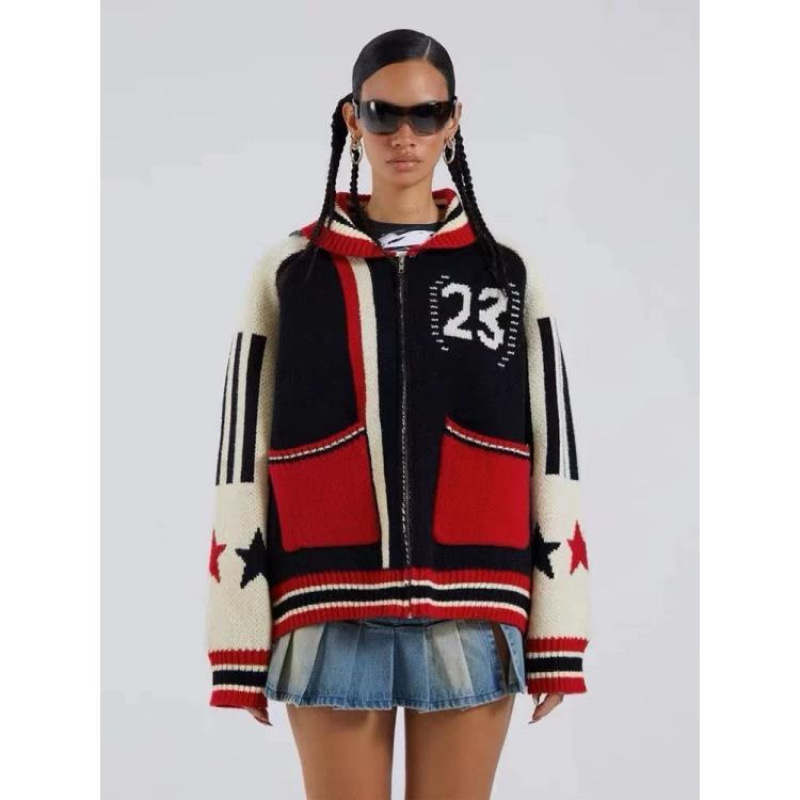 Cardigan s jacquardom petokrakom zvijezdom, američki retro stil, širok kroj, zip, pamuk 50-70%