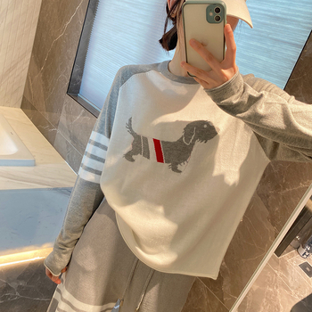 Korėjiško stiliaus vilnos žakardo megztinis su raglano rankovėmis ir apvaliu kaklo iškirpte, laisvas siluetas