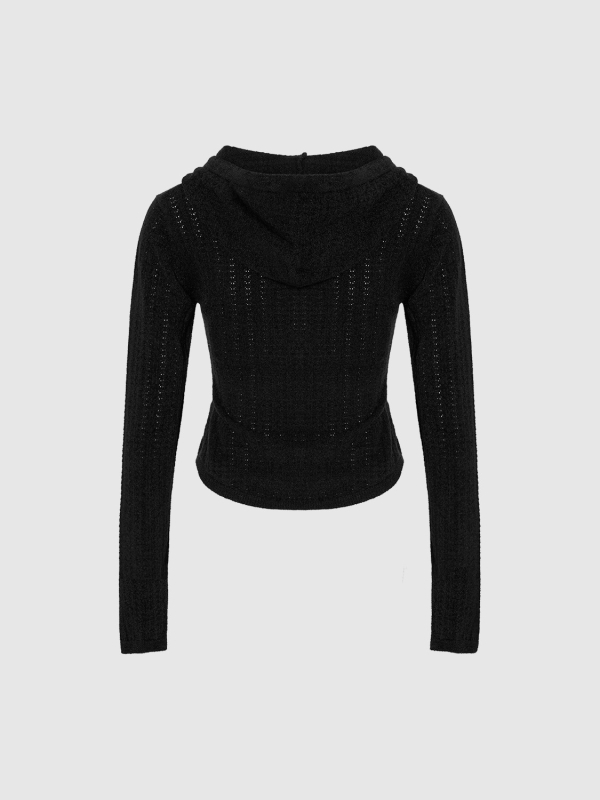 Pleten kardigan s kapuljom i vezicom, zip zatvarač, uski kroj, obična duljina (50–65 cm), sadržaj pamuka 30–50%