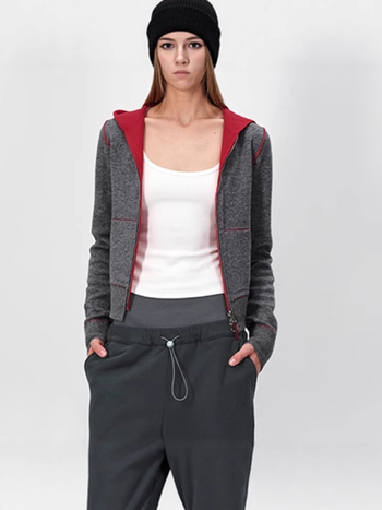 Reversinis vilnos kardiganas su gobtuvu, kontrastiniu užtrauktuku, ilgomis rankovėmis, 70–80% vilnos