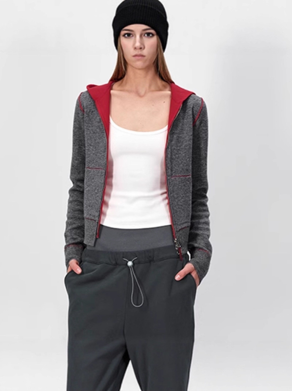 Reversinis vilnos kardiganas su gobtuvu, kontrastiniu užtrauktuku, ilgomis rankovėmis, 70–80% vilnos