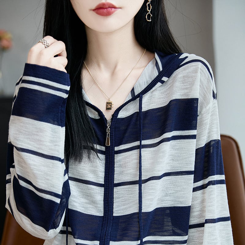 Ženski cardigan u francuskom stilu s prugama, kapuljačom, ležernog kroja, lagana tkanina s UV zaštitom