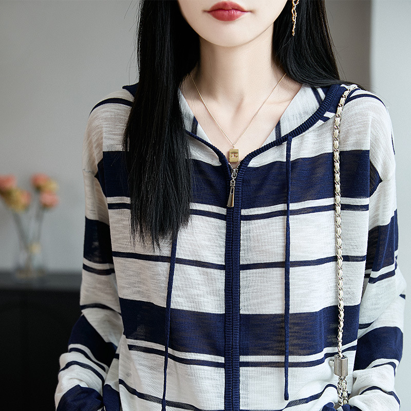 Ženski cardigan u francuskom stilu s prugama, kapuljačom, ležernog kroja, lagana tkanina s UV zaštitom