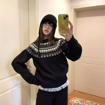 2025 retro Fair Isle pulover za žene s okruglim izrezom, udoban zimski pleteni top