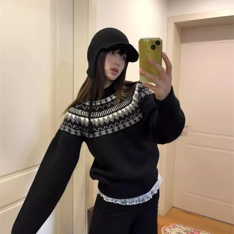 2025 retro Fair Isle pulover za žene s okruglim izrezom, udoban zimski pleteni top