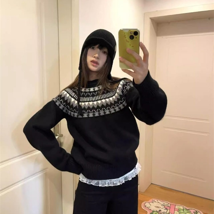 2025 retro Fair Isle pulover za žene s okruglim izrezom, udoban zimski pleteni top