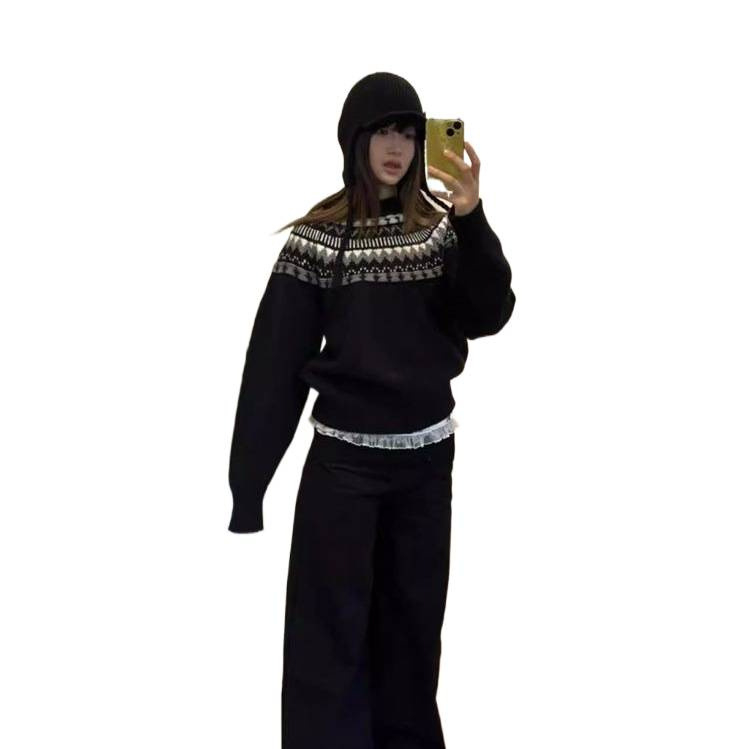 2025 retro Fair Isle pulover za žene s okruglim izrezom, udoban zimski pleteni top