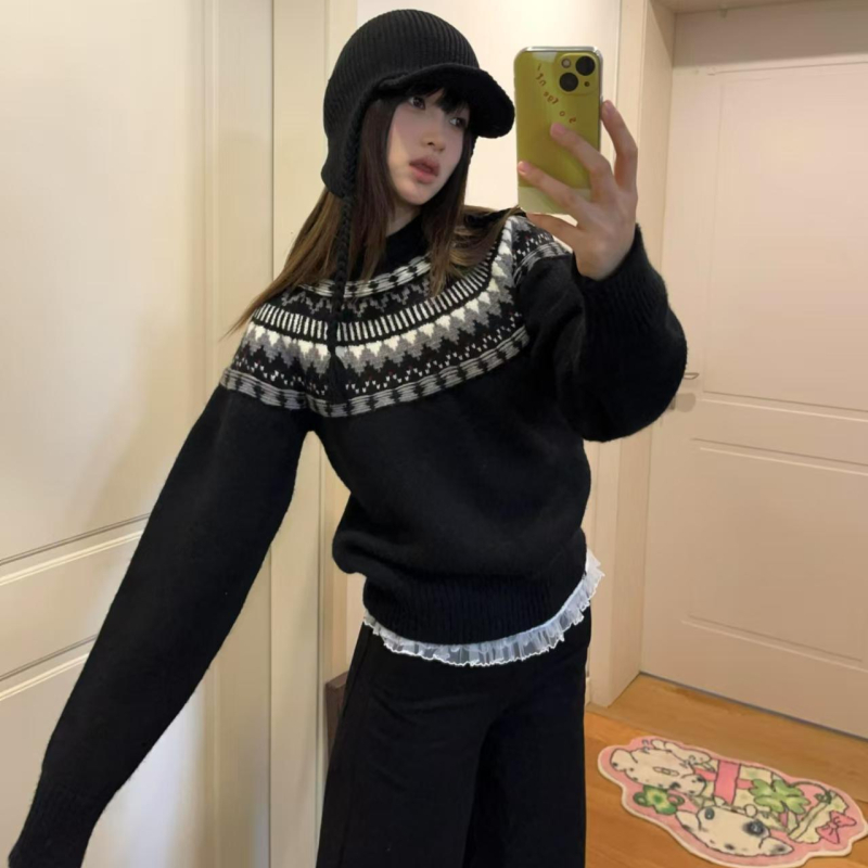 2025 retro Fair Isle pulover za žene s okruglim izrezom, udoban zimski pleteni top