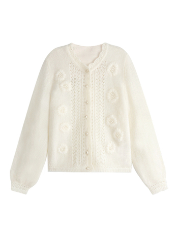 Mohair a vlna cardigan háčkovaným vzorom, okrúhly výstrih, dlhé rukávy, zapínanie na jedno tlačidlo